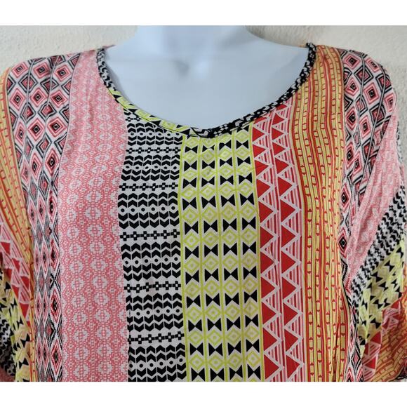 Cato Pink Black Yellow Geo Print Short Batwing Sleeve Large Lightweight Flowy - Picture 5 of 6